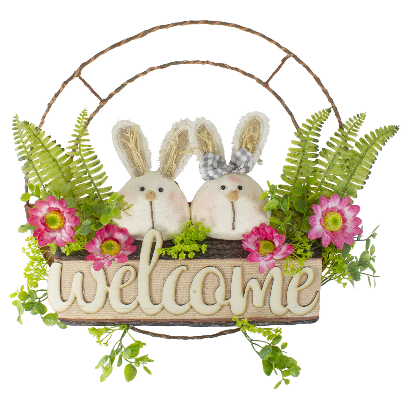 Northlight Rabbit Couple Floral Springtime "Welcome" Wreath 19-Inch Unlit